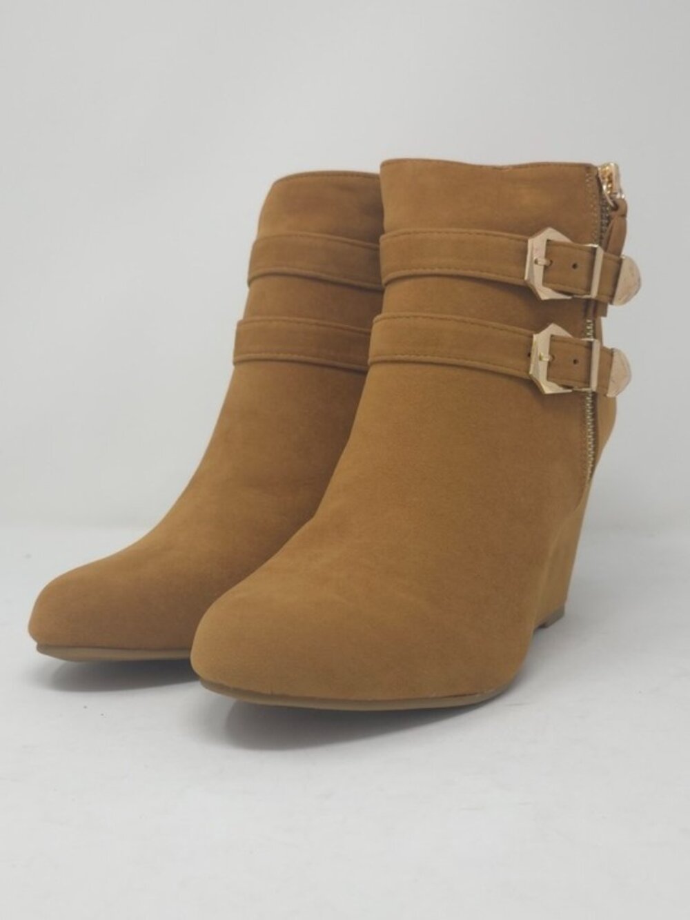 Tan Faux Suede Wedge Ankle Boots Buckle Strap Side Zip Casual Trendy